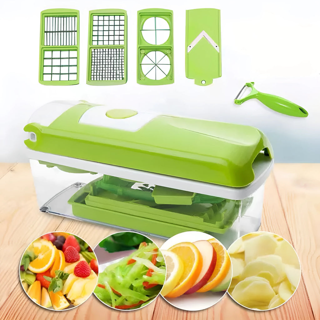 Green manual food chopper with stainless steel blades on a kitchen counter.
