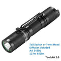 Lumintop Tool AA2.0 black keychain flashlight with tail switch and pocket clip on white background