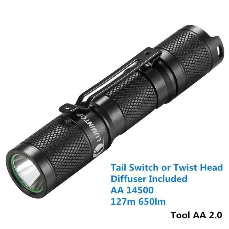 Lumintop Tool AA2.0 black keychain flashlight with tail switch and pocket clip on white background