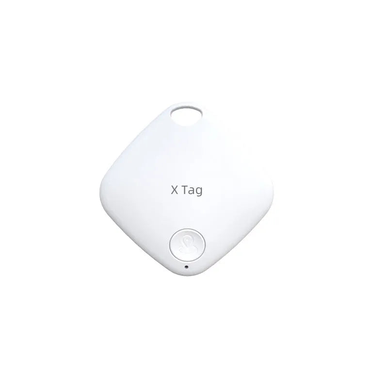 Small black Bluetooth tracker with key ring, shown next to a set of keys to illustrate size.