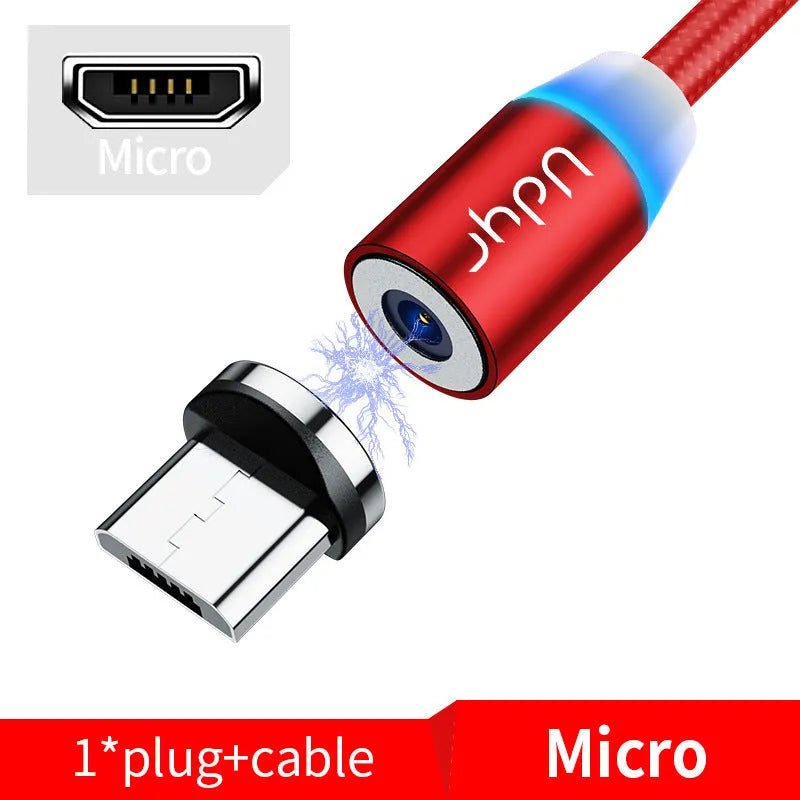 Black magnetic data cable with detachable heads for iPhone, Android and USB-C devices