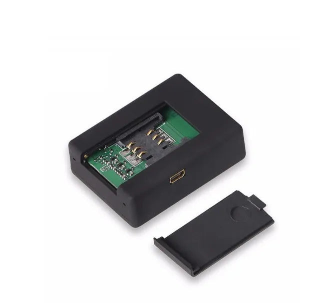 Black mini car GPS tracker with SIM card slot for vehicle security and location monitoring