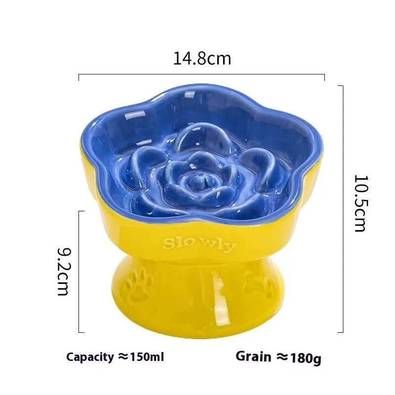 Black ceramic pet bowl with high foot and neck protector for dogs and cats