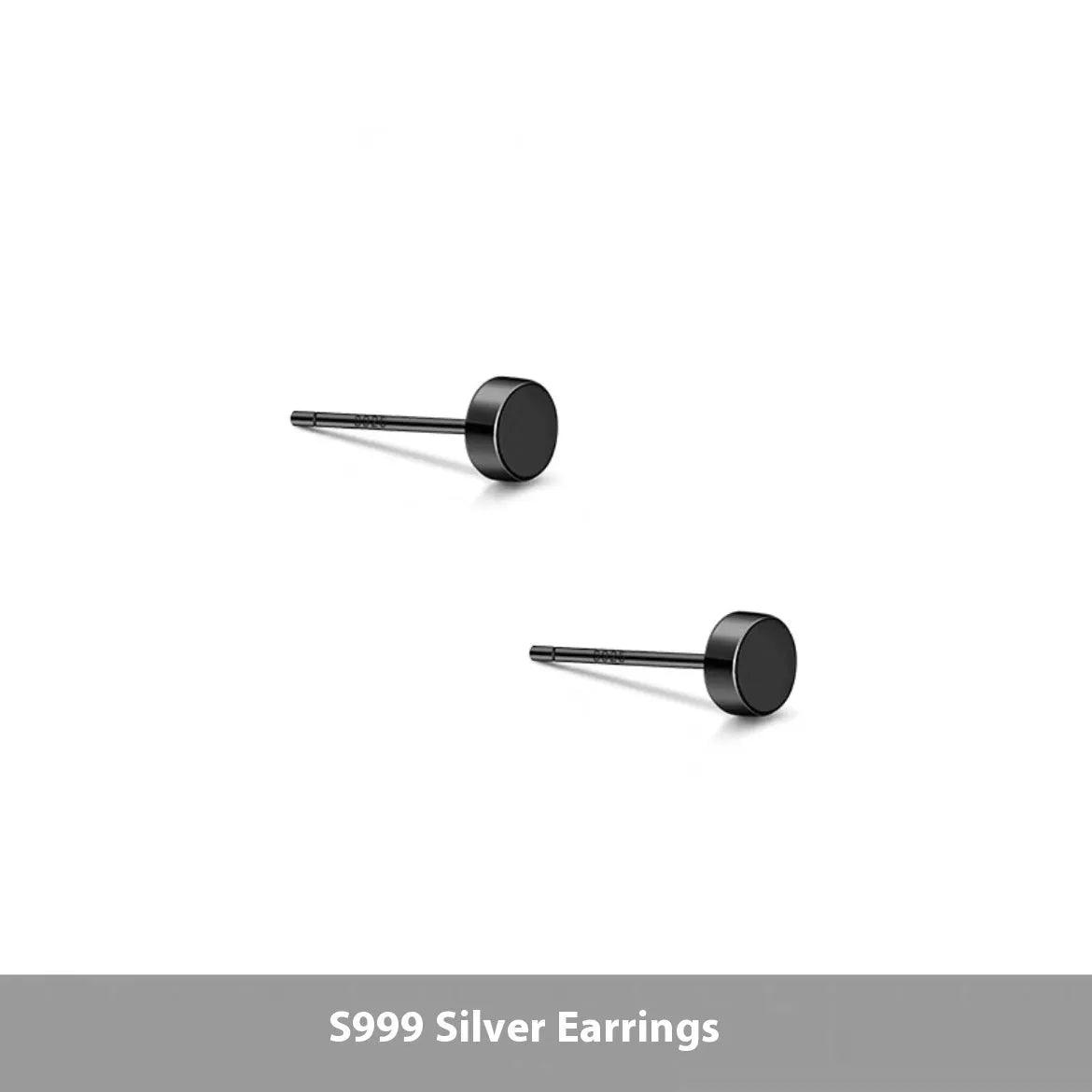 A pair of simple geometric round S999 Sterling Silver flat bone stud earrings in silver and black, showing size variation.