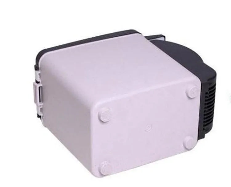 Portable 6L dual-voltage mini fridge with strap, black plastic and metal body