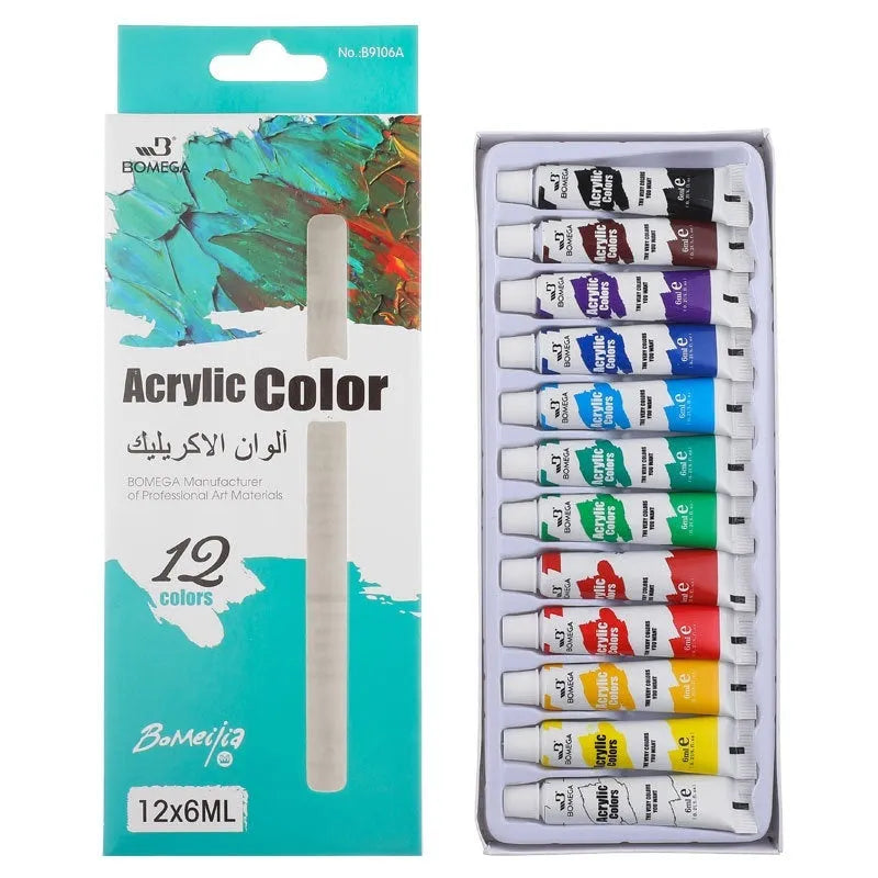 Set of twelve artist paint tubes in different colours for acrylic, gouache or watercolour painting