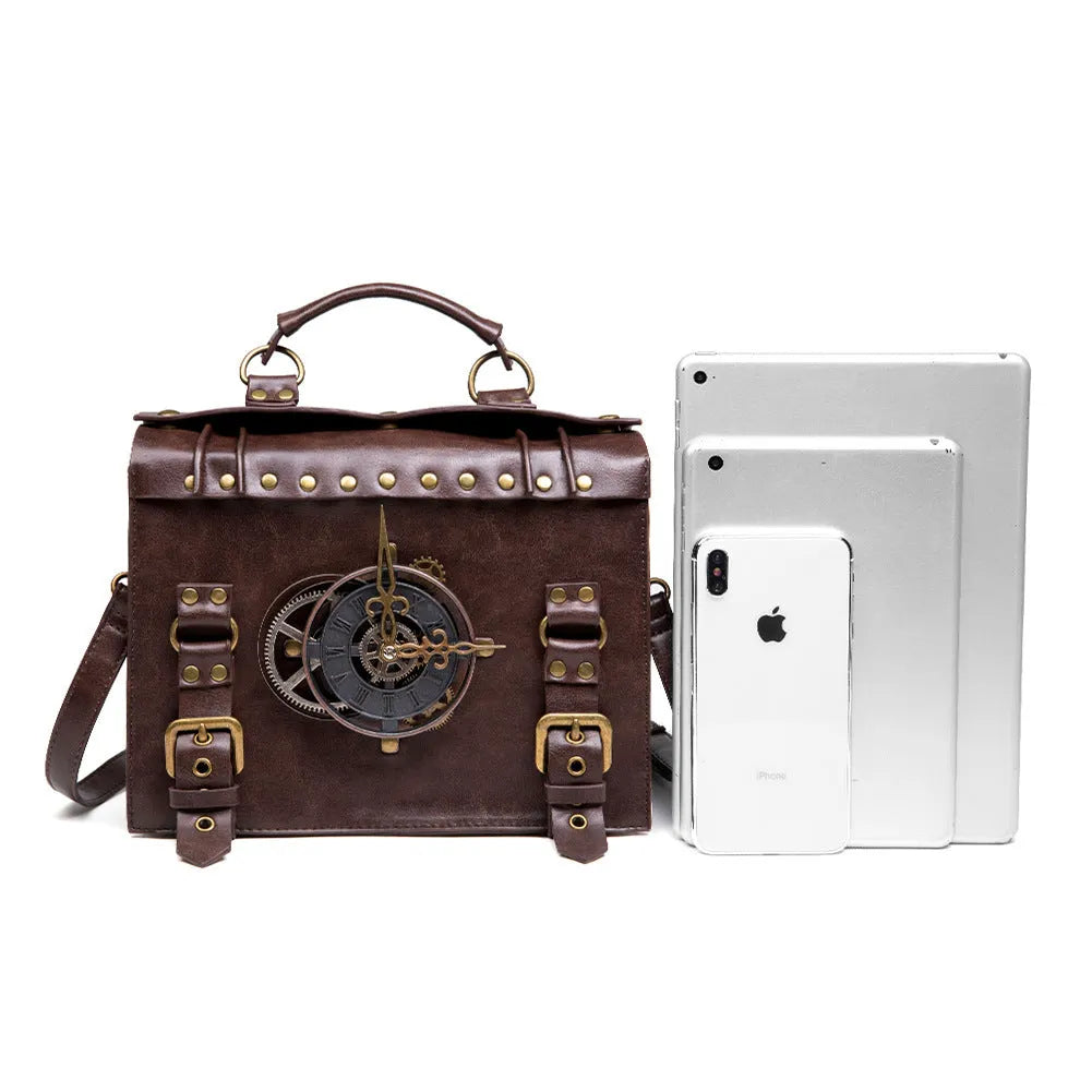 Bronze steampunk industrial retro shoulder bag with square pillow bag design and metal hardware
