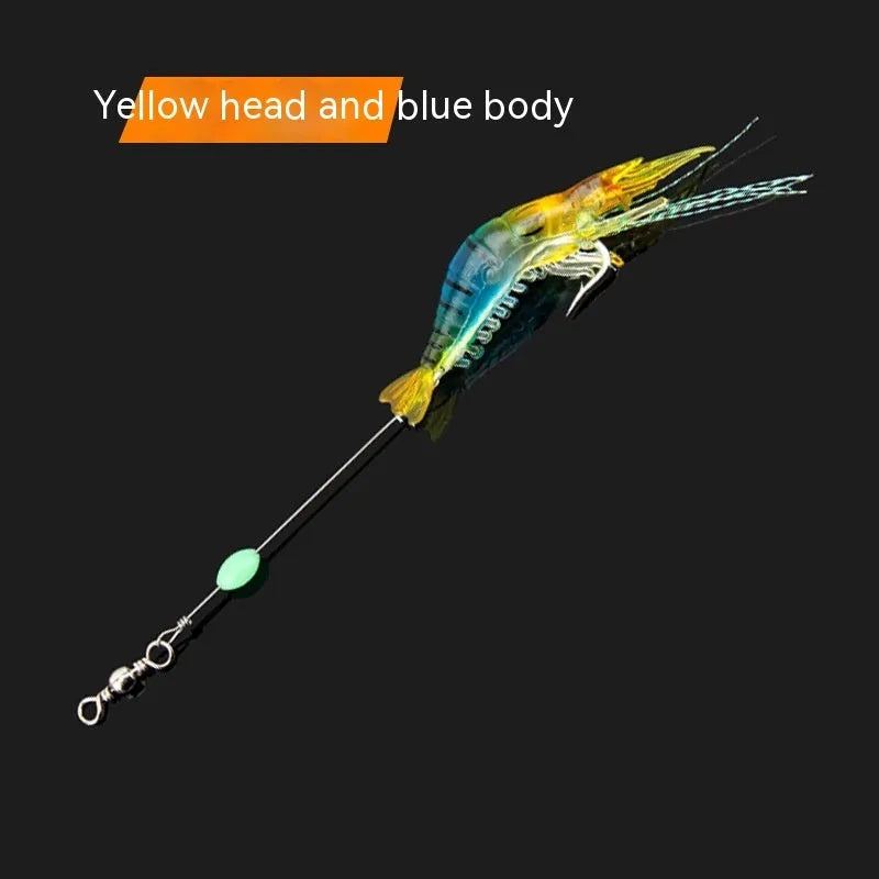 Six soft plastic fishing lures with integrated hooks in different colour variations including luminous patterns