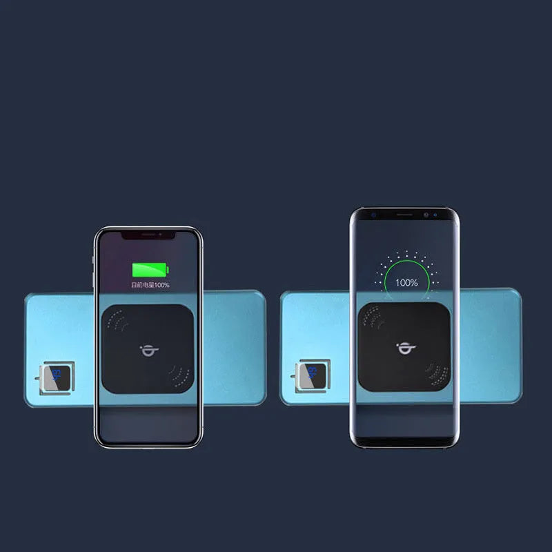 Silver alloy portable power bank with LCD display showing battery level