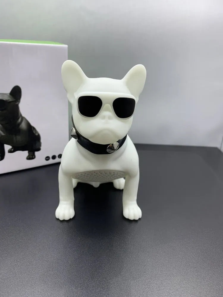 Mini bulldog-shaped Bluetooth speaker in black, red, and white colour options.