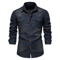 Men's long-sleeved slim fit denim shirt in solid colour cotton casual top