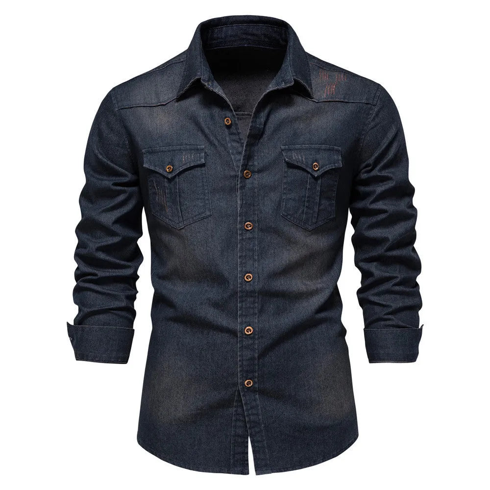 Men's long-sleeved slim fit denim shirt in solid colour cotton casual top