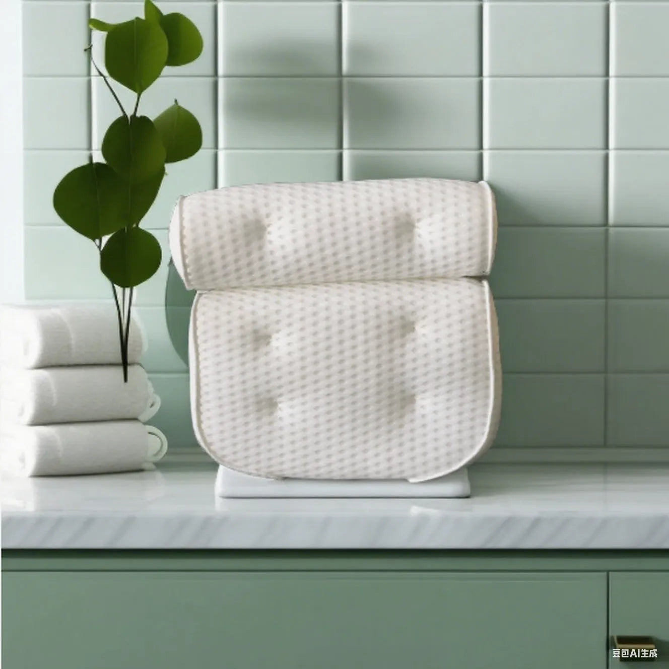 White 4D mesh bathtub pillow with multiple suction cups on a light luxury styled bath mat.