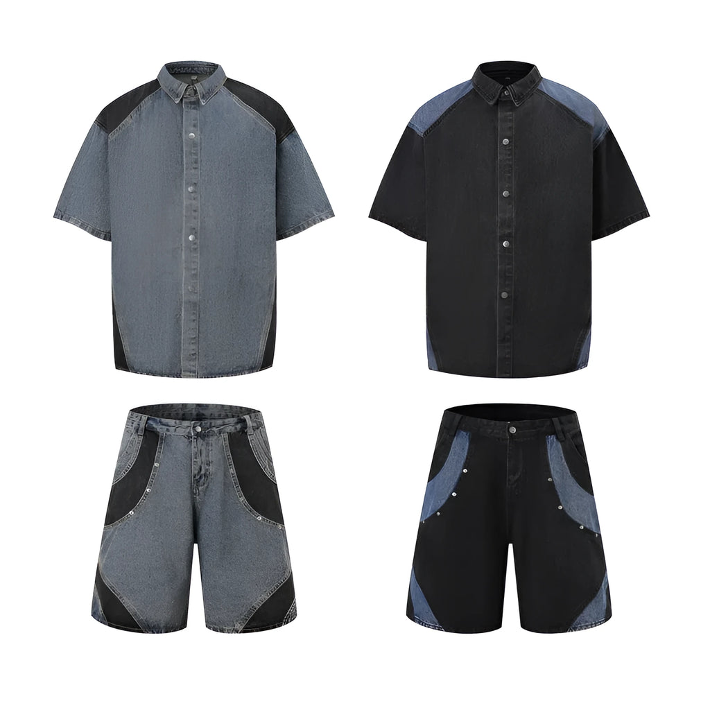 Retro washed denim short-sleeved jacket and trousers suit in blue or black