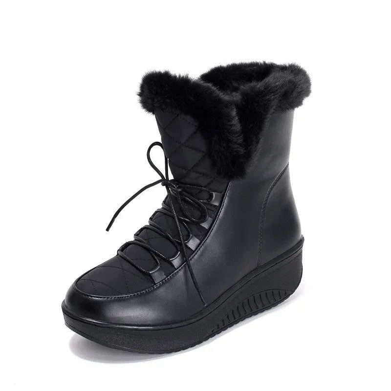 Black women's winter platform boots with lace-up front and plush lining on a white background.