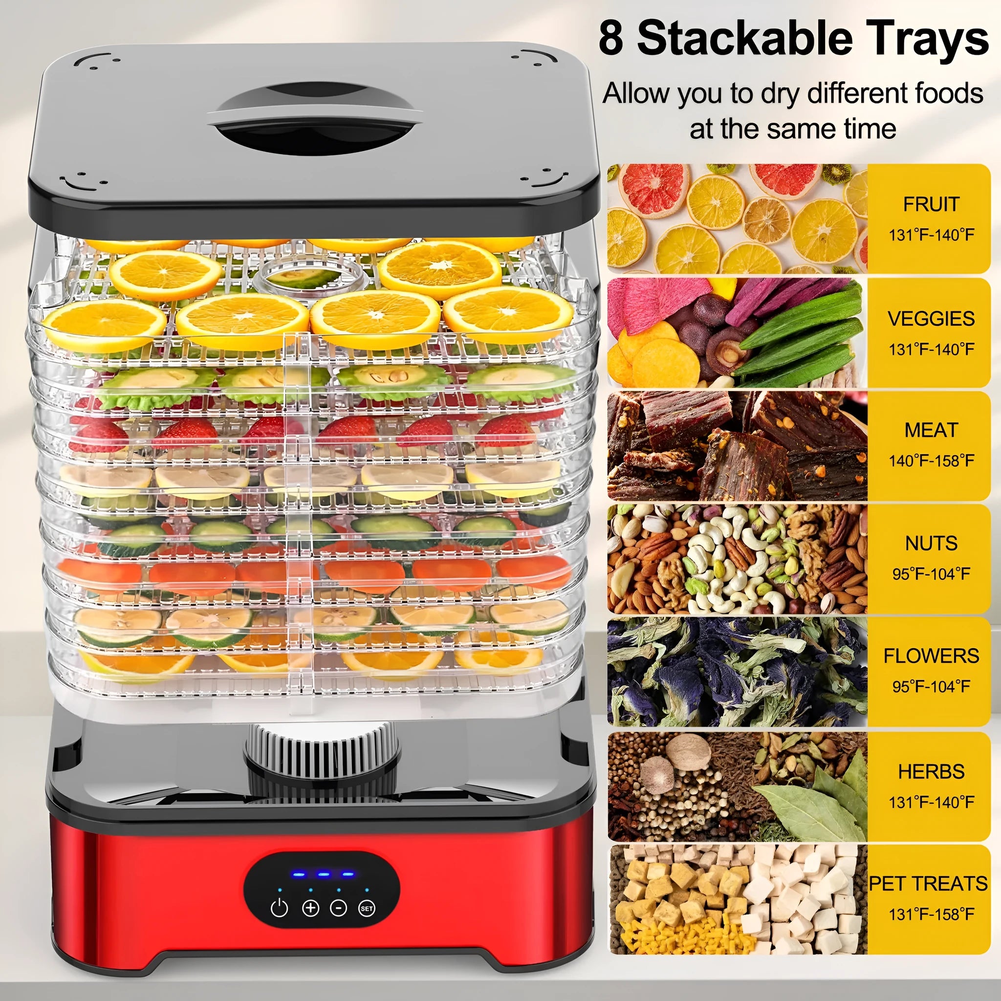 Silver household food dehydrator with 8 stacking trays, shown at full 36.5cm height.