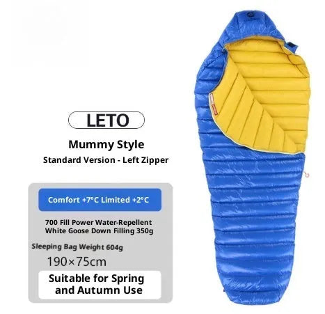 Ultralight goose down mummy sleeping bag in blue with nylon shell for outdoor camping adult use