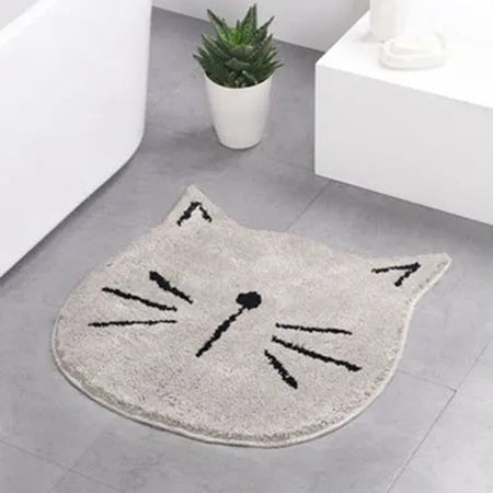 Cartoon bathroom mat with plants and flowers pattern in Grey cute cat colour variant