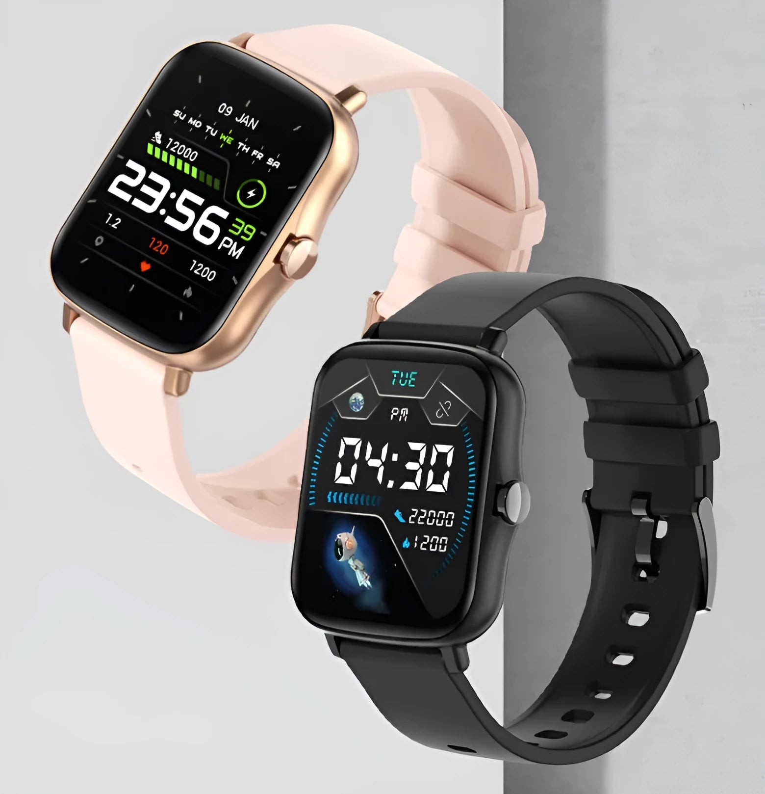 Smart watch with 1.7-inch colour touch screen showing fitness metrics on black strap