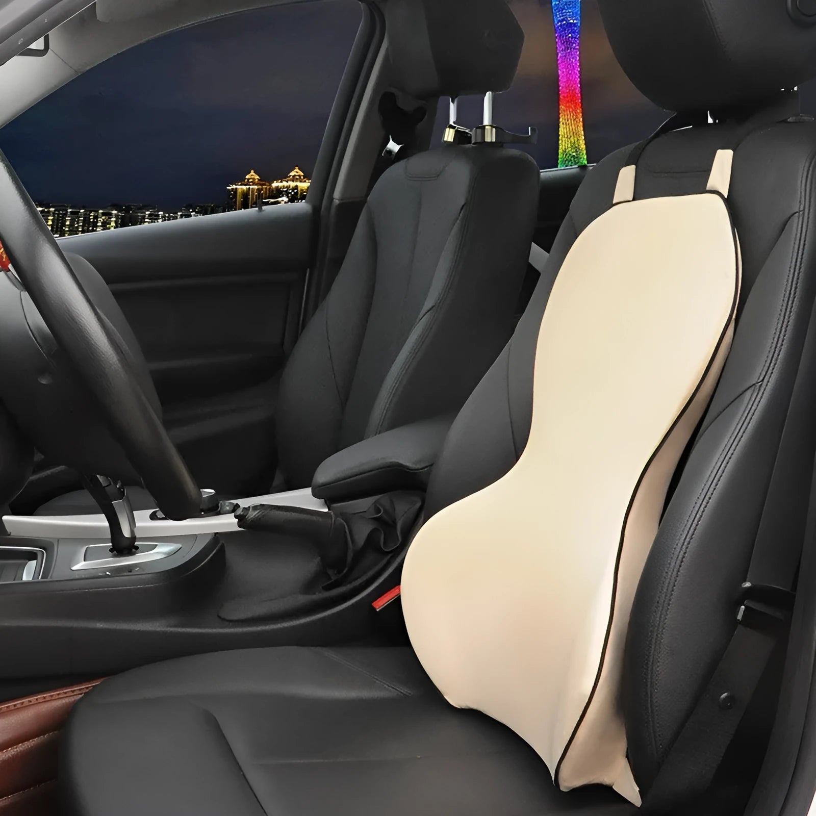 Memory cotton car lumbar support cushion in neutral colours on car seat