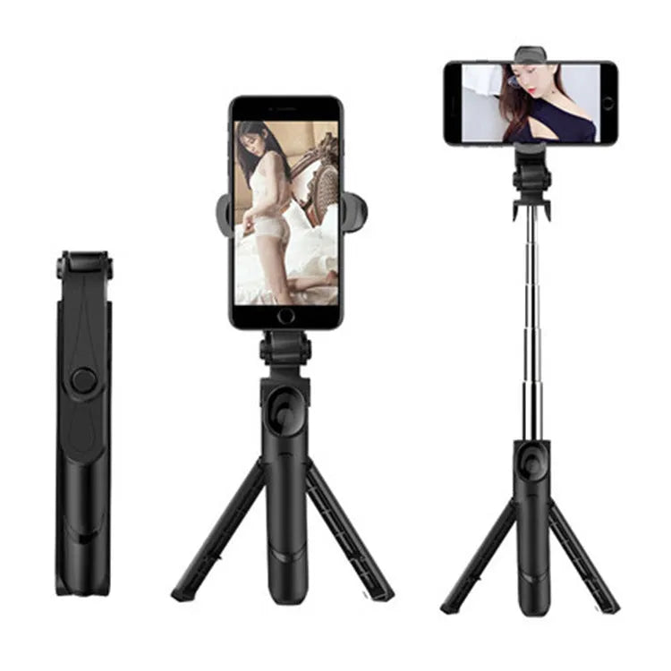 Bluetooth handheld selfie stick in black with extended arm and smartphone holder, remote control support