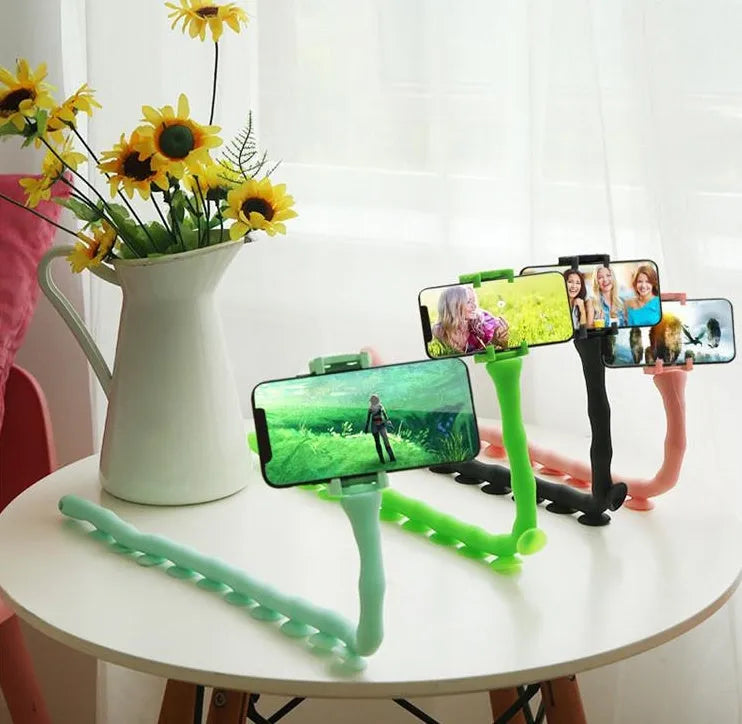 Black flexible rubber lazy bracket phone holder with suction cup base extended to show 62cm length.