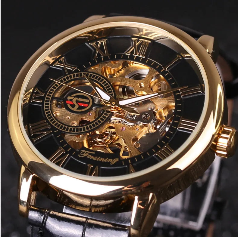 Hollow mechanical skeleton wrist watch with leather band and stainless steel 40.5mm case