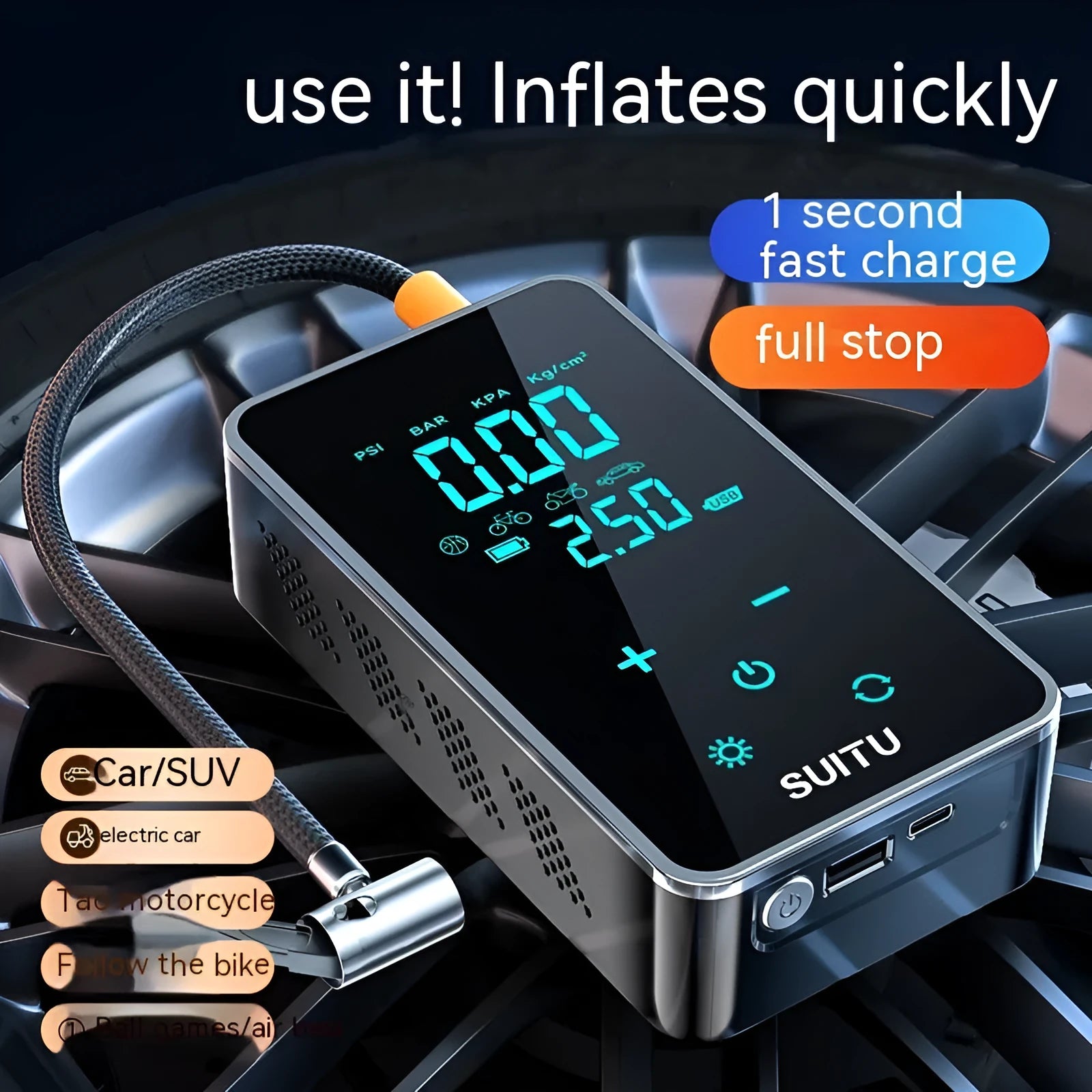 Compact black wireless car tyre inflator pump with LCD screen display on a grey background.