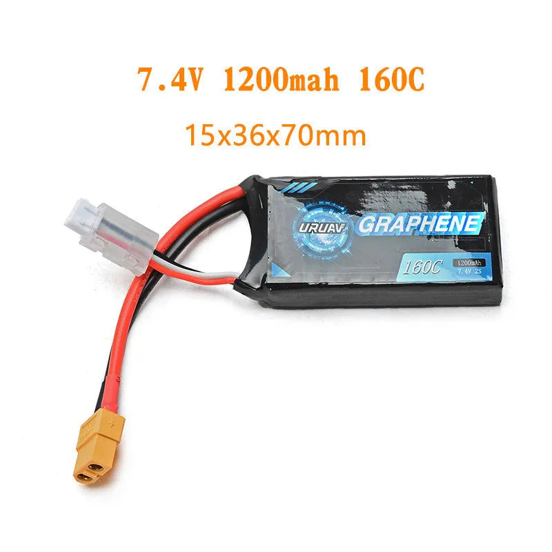 RC lithium battery showing 7.4V 1200mAh specifications with 15mm x 36mm x 70mm dimensions
