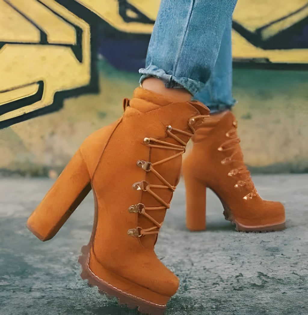 Women's genuine suede high heel boots in army green colour with round toe and buckle detailing