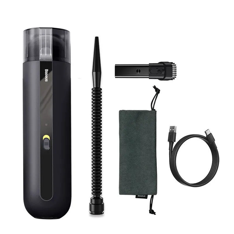 Black handheld wireless car vacuum cleaner with nozzle and blowing hose accessory