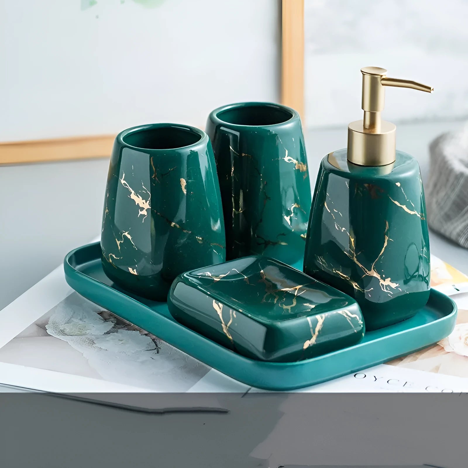 Ceramic bathroom wash set in black, blue, or white colours, showing smooth porcelain finish.