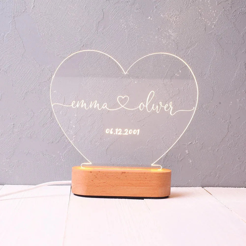 Personalised acrylic LED night light with custom names and date engraving