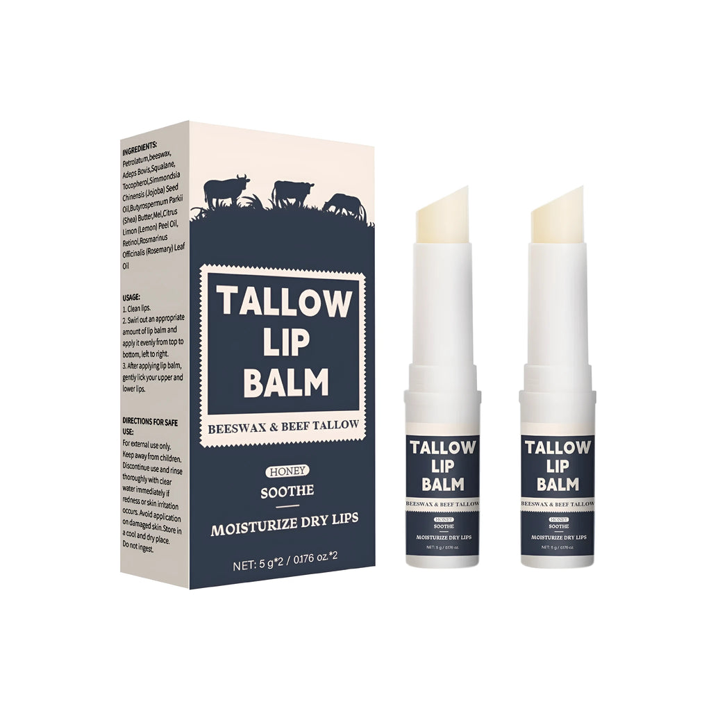 Two beef fat lip balms in standard lipstick format for moisturising dry lips