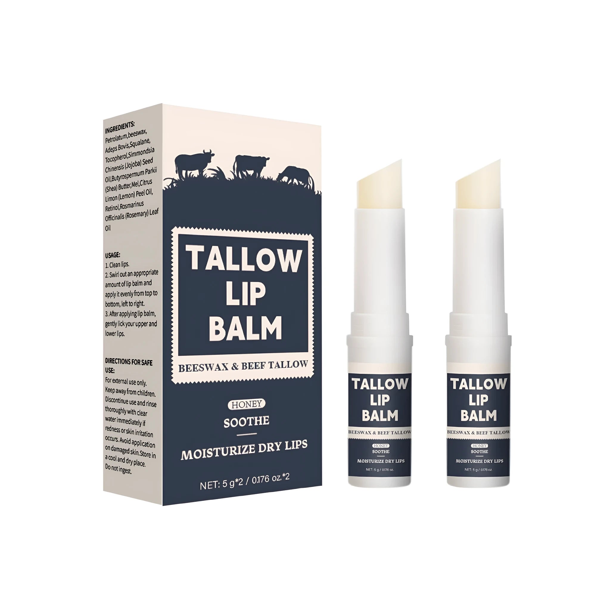 Two beef fat lip balms in standard lipstick format for moisturising dry lips