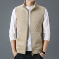Men's casual sleeveless waistcoat cardigan in black, shown on a model for scale.