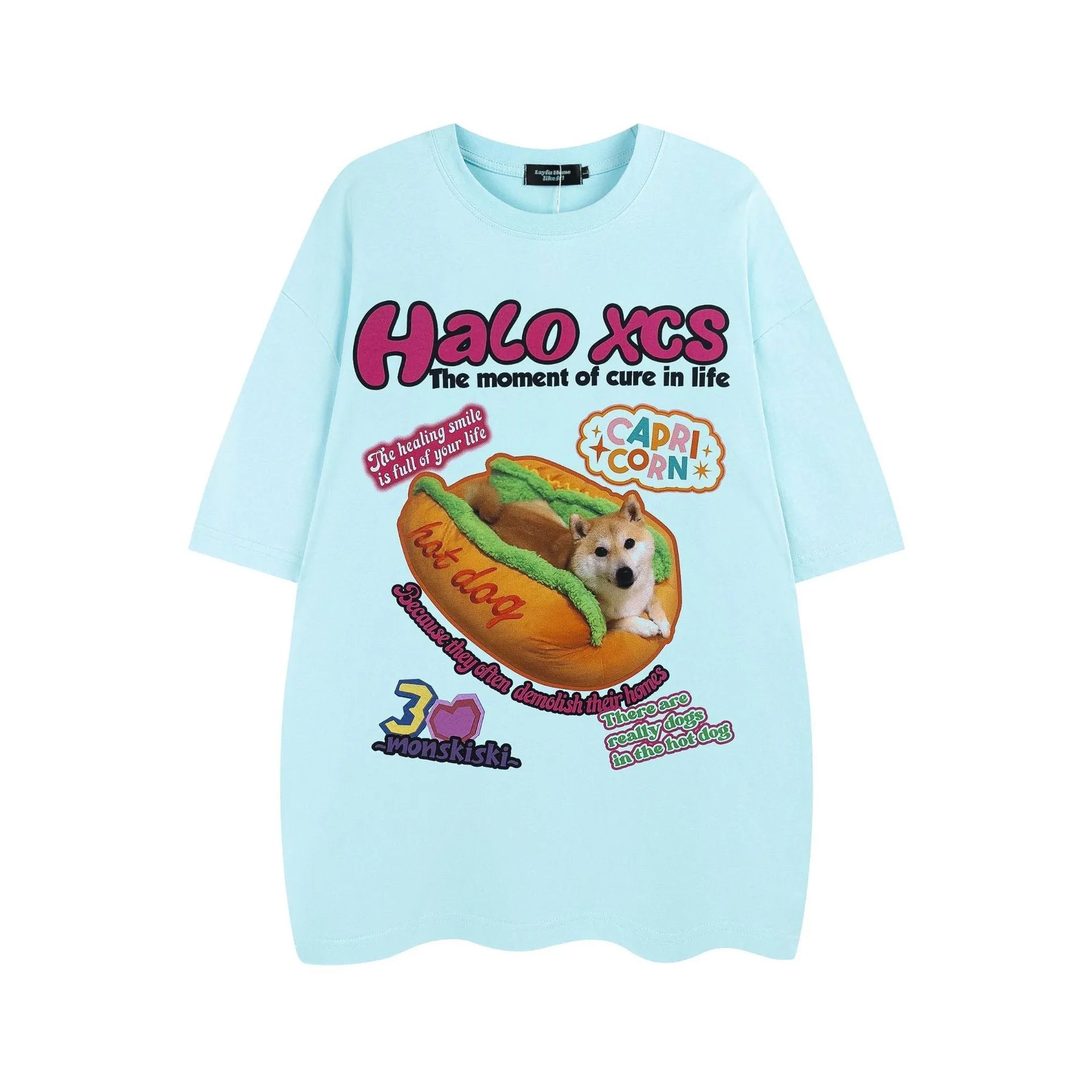 Cartoon hamburger dog printed loose fit cotton T-shirt in white, apricot, or sky blue colour.