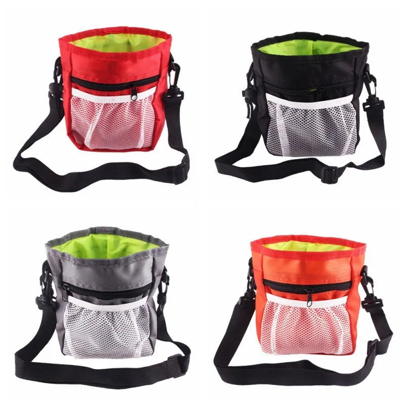 Dog treat pouch in red Oxford cloth with drawstring closure and detachable belt buckle, 18x14x6cm