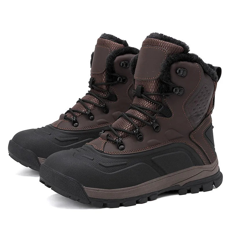 Men's black fleece-lined high-top lace-up boots with a tall upper and ribbed sole.