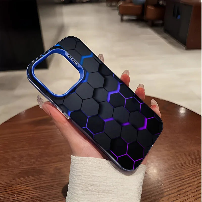 Frosted iPhone case with a contrasting honeycomb square design on the back in Moonlight Black.