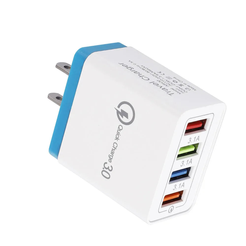 Luminous 4-port USB mobile phone charger in selected colour with indicator light, showing EU or US plug type.