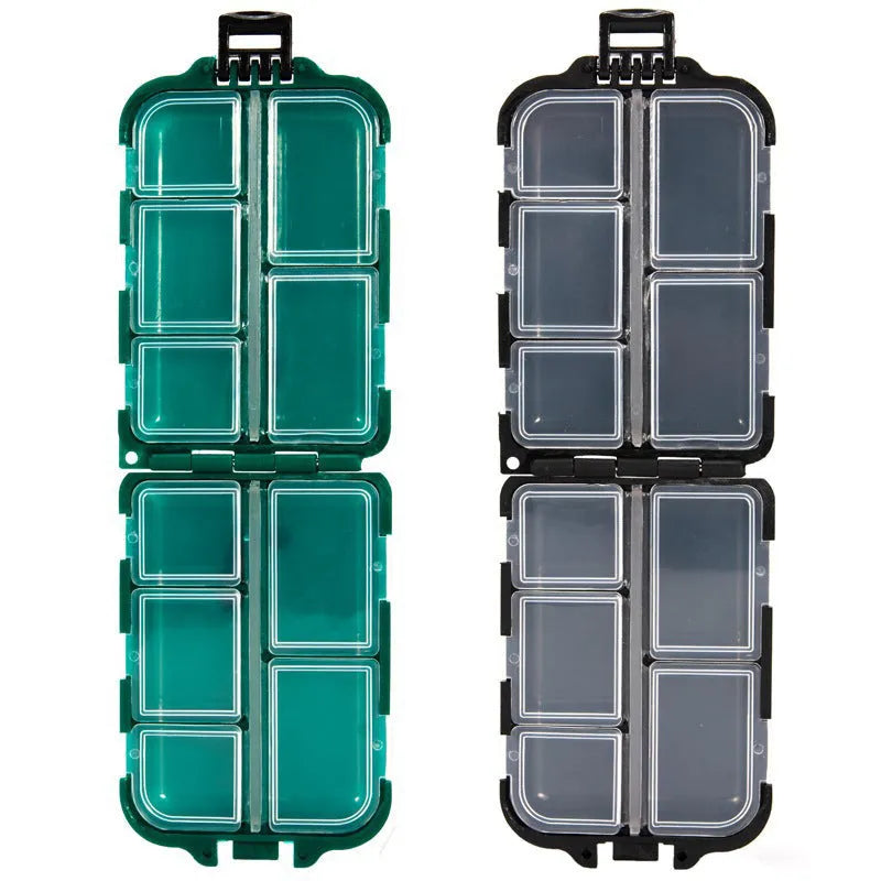 Plastic fishing gear storage box with 10 compartments measuring 9.5 × 6.5 × 3 cm