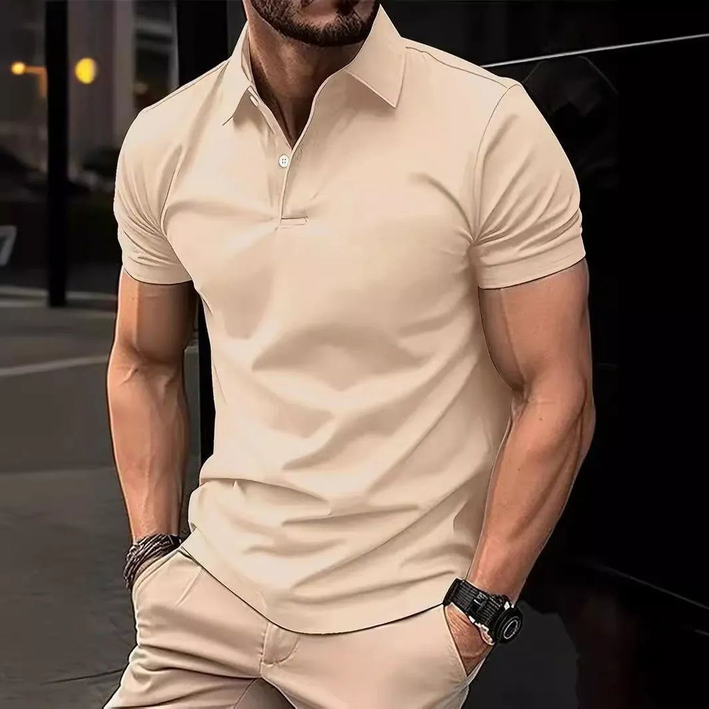 Men's slim fit solid colour cotton blend short sleeve button-down shirt on a hanger.