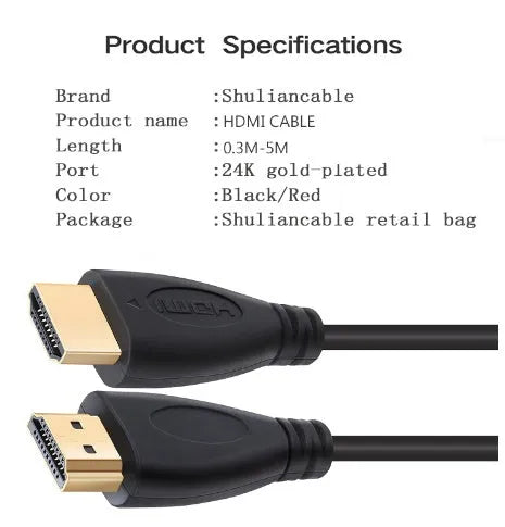 Gold plated HDMI cable with male connectors in multiple length options