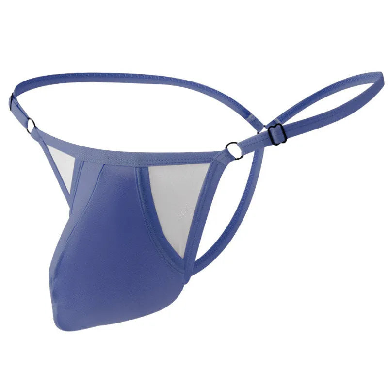 Men's ice silk T-back briefs with geometric pattern and adjustable thin straps in multiple colour options