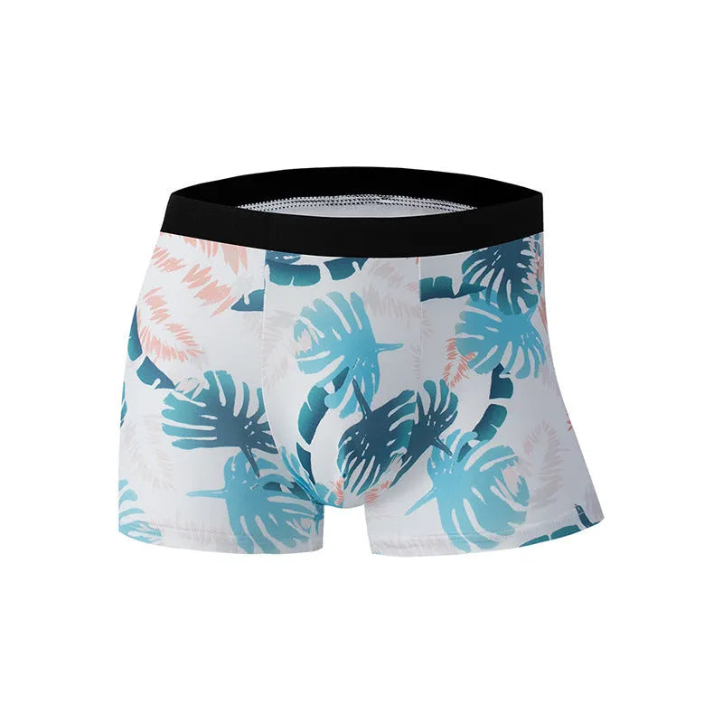 Men's ice silk underwear in polyester with floral print and mid-waist design