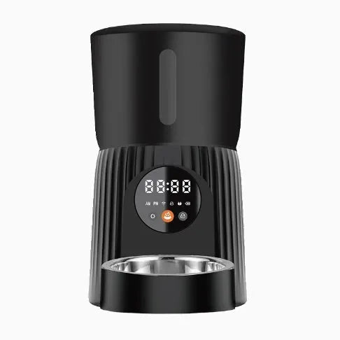 Black and white intelligent pet feeder with USB cable for automatic timing and quantitative remote feeding
