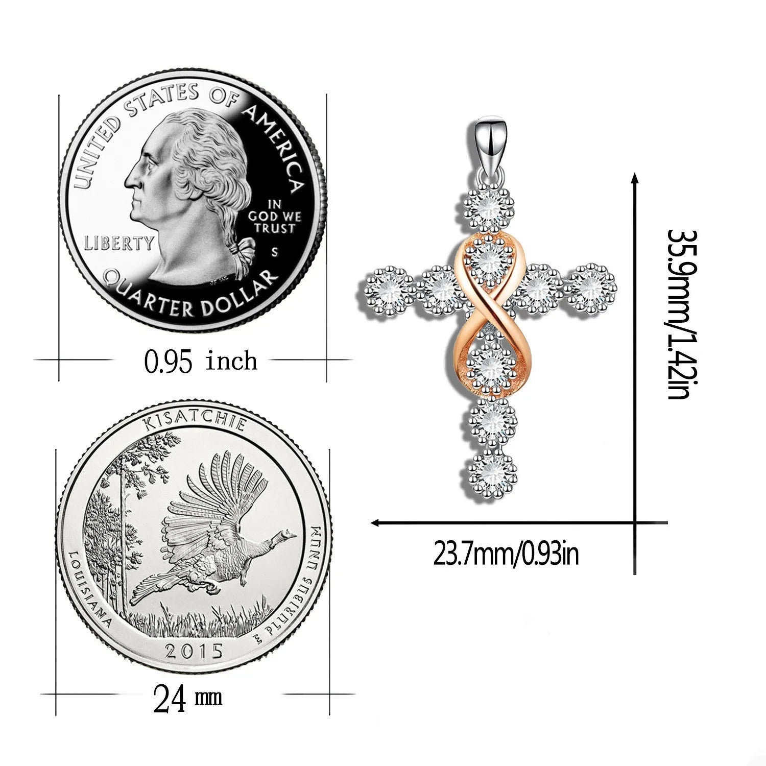 Women's faith cross 8 diamond pendant necklace in photo colour, alloy box chain, adjustable 21-50 cm