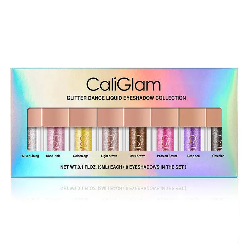 Liquid eyeshadow palette with eight multicolor pearl and glitter shades including black base, product code C005