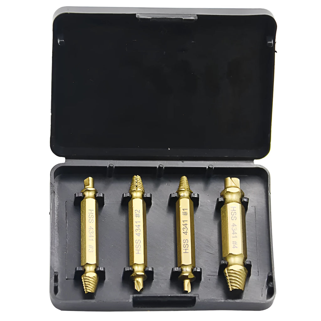 Set of five 4341 high-speed steel screw extractor tools for removing damaged bolts